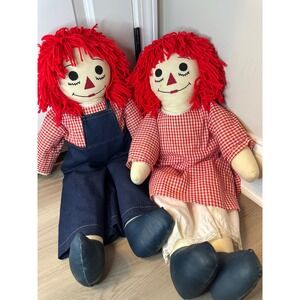 Vintage Raggedy Ann and Andy 25 Inch Handmade Cloth Dolls Pair Red Gingham Denim